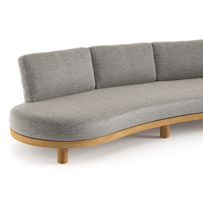 Donato loungebank in teak en beige verticaal geweven ronde rope met all weather sunbrella® luxe Tundra Pepper kussen