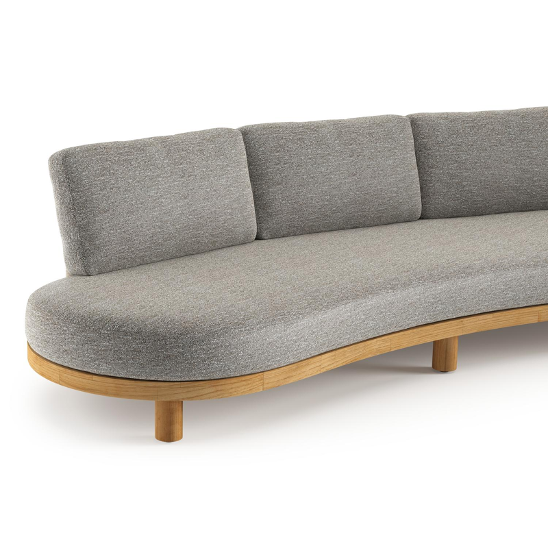 Canapé de jardin Donato en teck et corde ronde tissée verticalement beige et coussins en all weather sunbrella® luxe Tundra Pepper