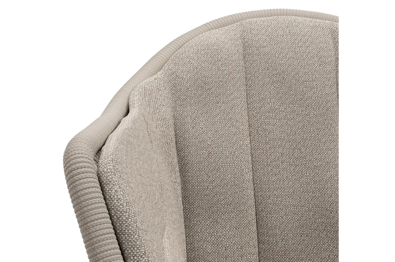 Pagino tuinstoel in teak en beige verticaal geweven ronde rope met zitkussen in All Weather Sunbrella® Luxe Savane Coconut