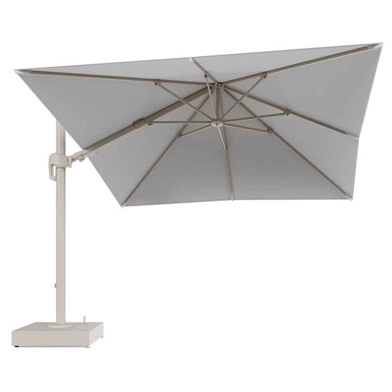 Rufina zweefparasol met tiltfunctie in beige aluminium en Ego Birch All Weather Solica parasoldoek - L1 300 x L2 300 cm met parasolvoet Minore 150 kg met wielen