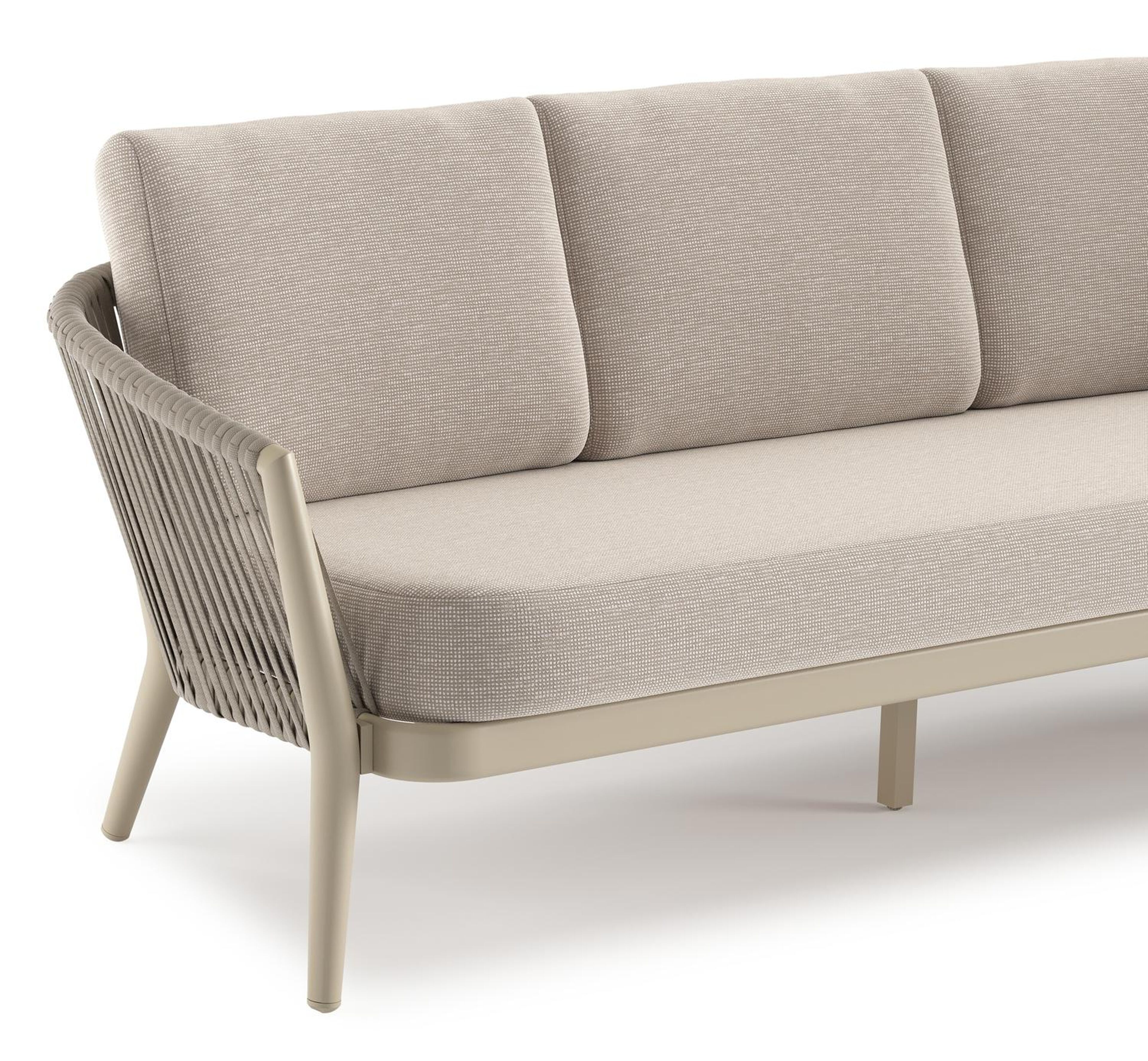 Orso loungebank in beige aluminium en beige verticaal geweven luxe vlakke rope met Slow Farafra all weather sunbrella® luxe kussen