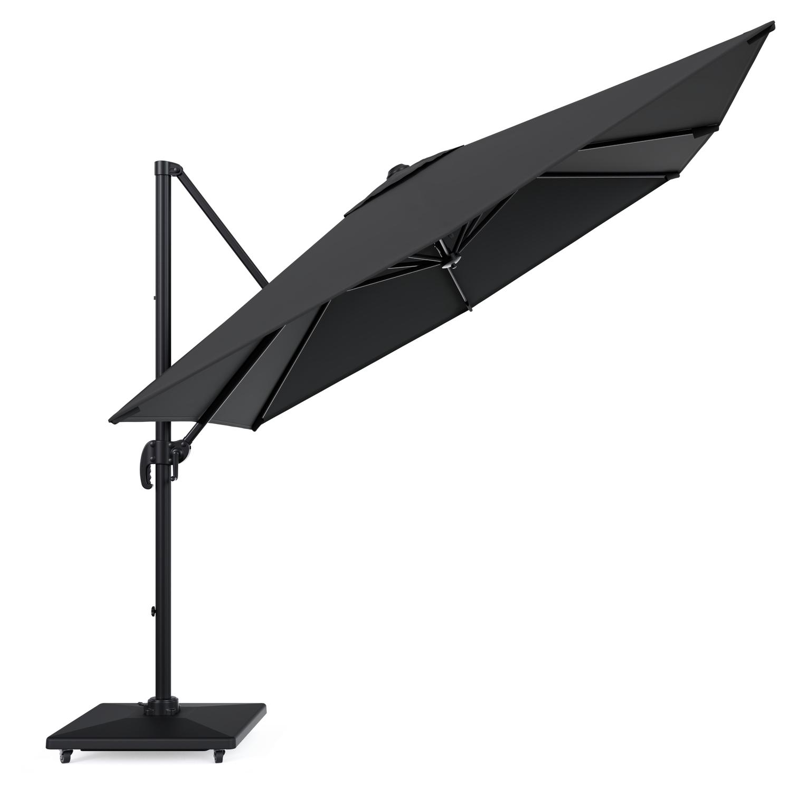 Calpe zweefparasol in zwart aluminium en zwart Weather+ Softtouch parasoldoek - L1 270 x L2 270 cm met Avola parasolvoet 90 kg met wielen