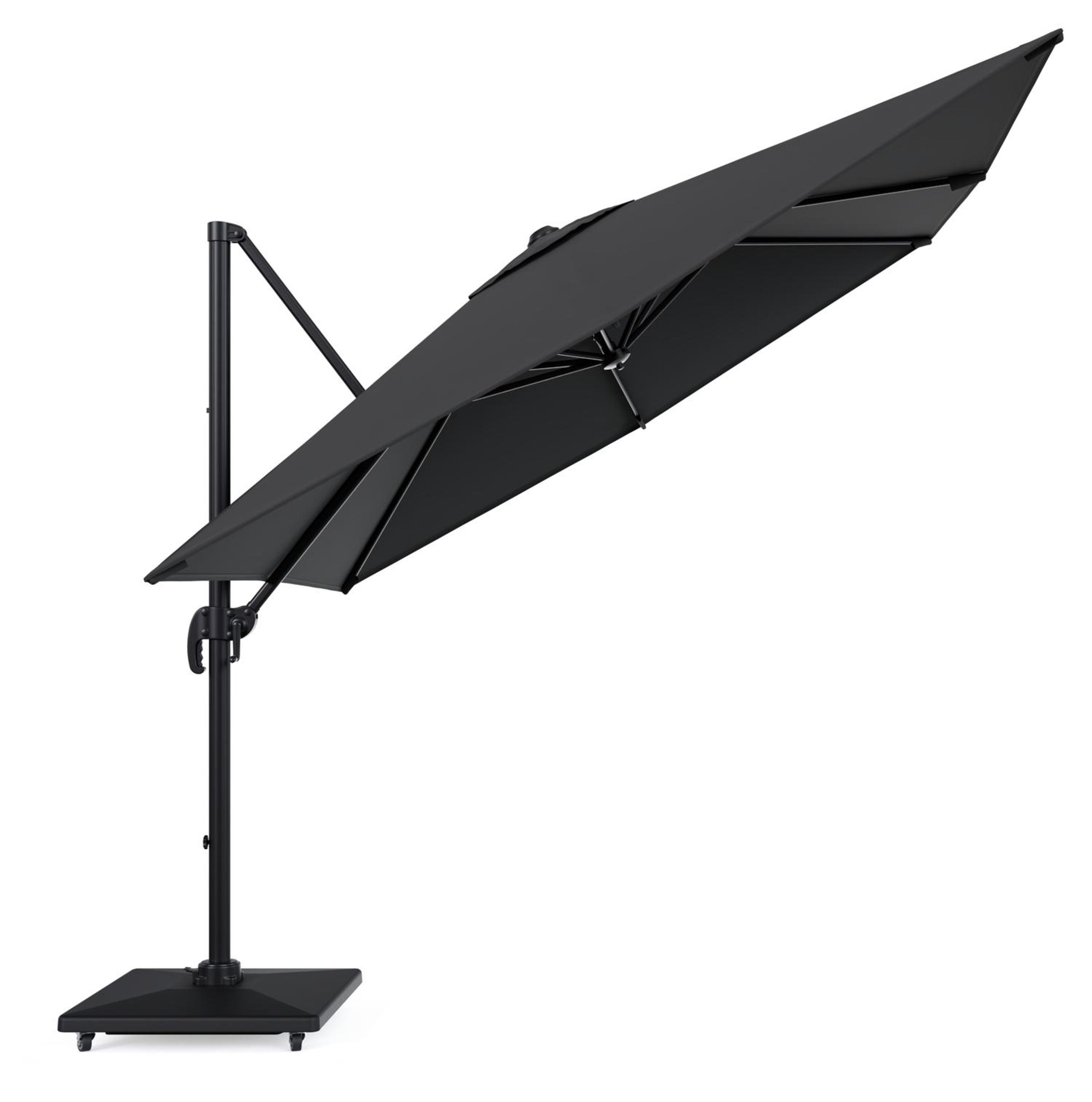 Calpe zweefparasol in zwart aluminium en zwart Weather+ Softtouch parasoldoek - L1 270 x L2 270 cm met Avola parasolvoet 90 kg met wielen