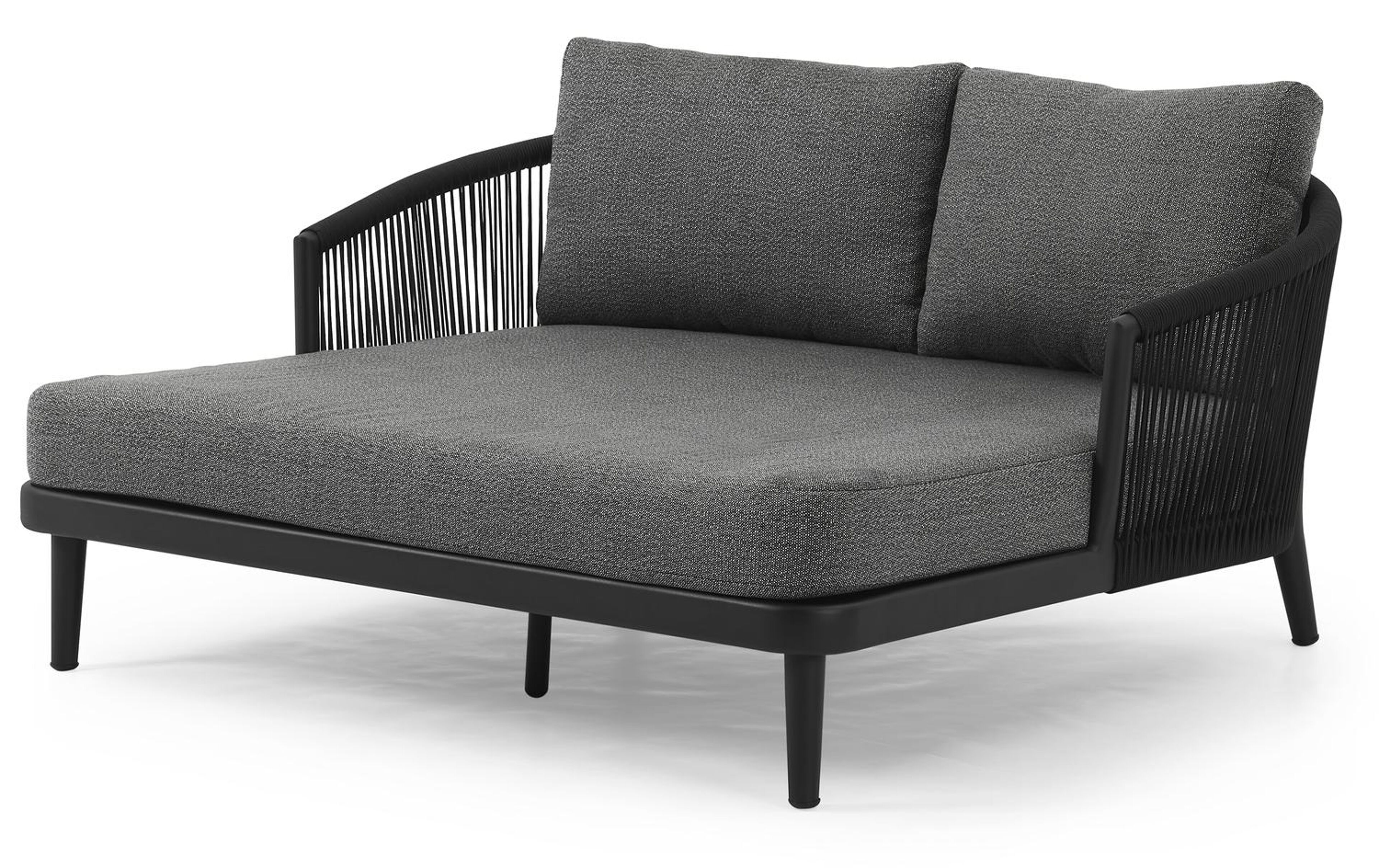 Orso dubbel ligbed in zwart aluminium en zwart verticaal geweven ronde rope met savane tornado All Weather Sunbrella® luxe kussen met zwart aluminium bijzettafel