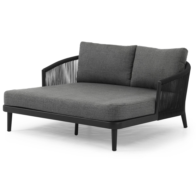 Orso dubbel ligbed in zwart aluminium en zwart verticaal geweven rope met savane tornado all weather sunbrella® luxe kussens met zwart aluminium bijzettafel