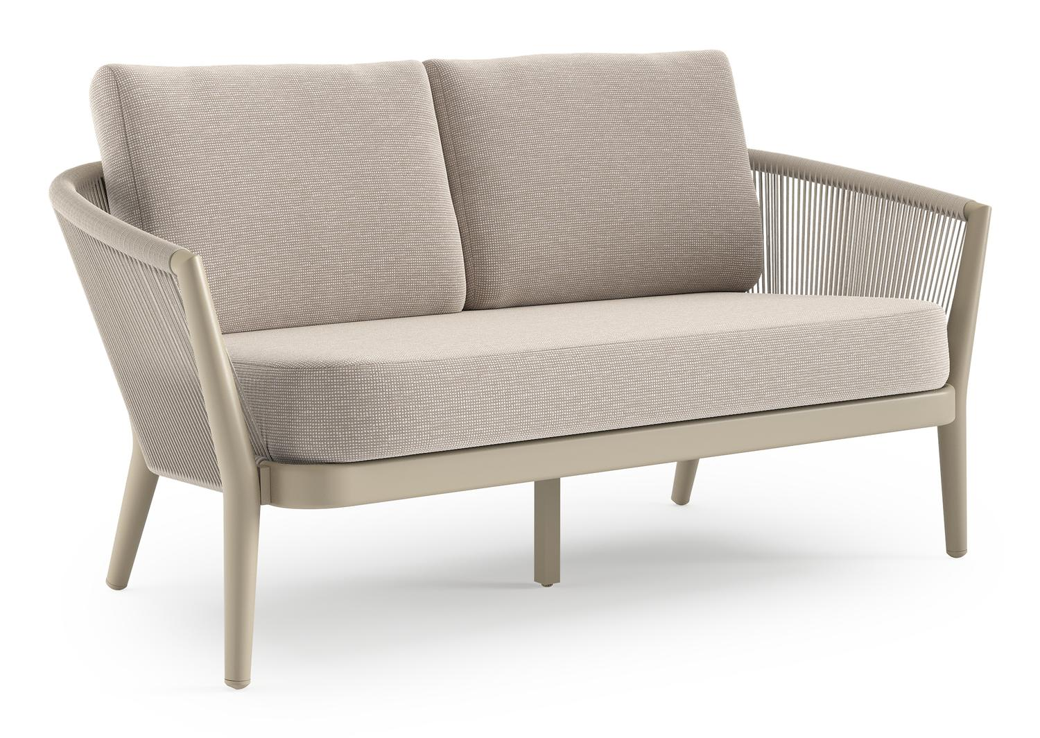 Orso loungebank in beige aluminium en beige verticaal geweven ronde rope met Slow Farafra all weather sunbrella® luxe kussen