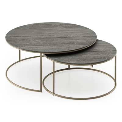 Fano set van 2 loungetafels rond in beige aluminium en volkeramiek Aspen Grey - Dia. 85 x H 35 cm