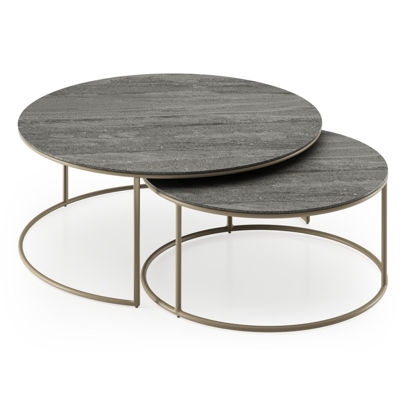 Fano set van 2 loungetafels rond in beige aluminium en volkeramiek Aspen Grey - Dia. 85 x H 35 cm