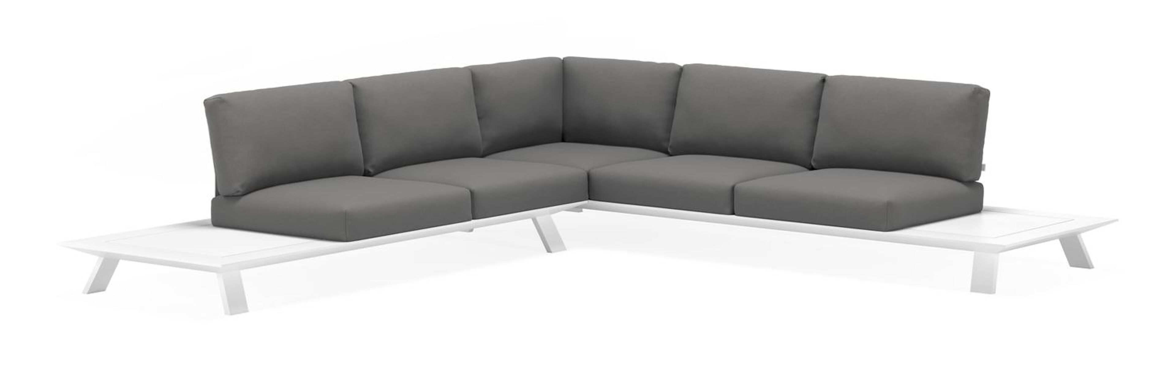 Cesano loungehoek in wit aluminium met natte charcoal chine all weather sunbrella® luxe kussens