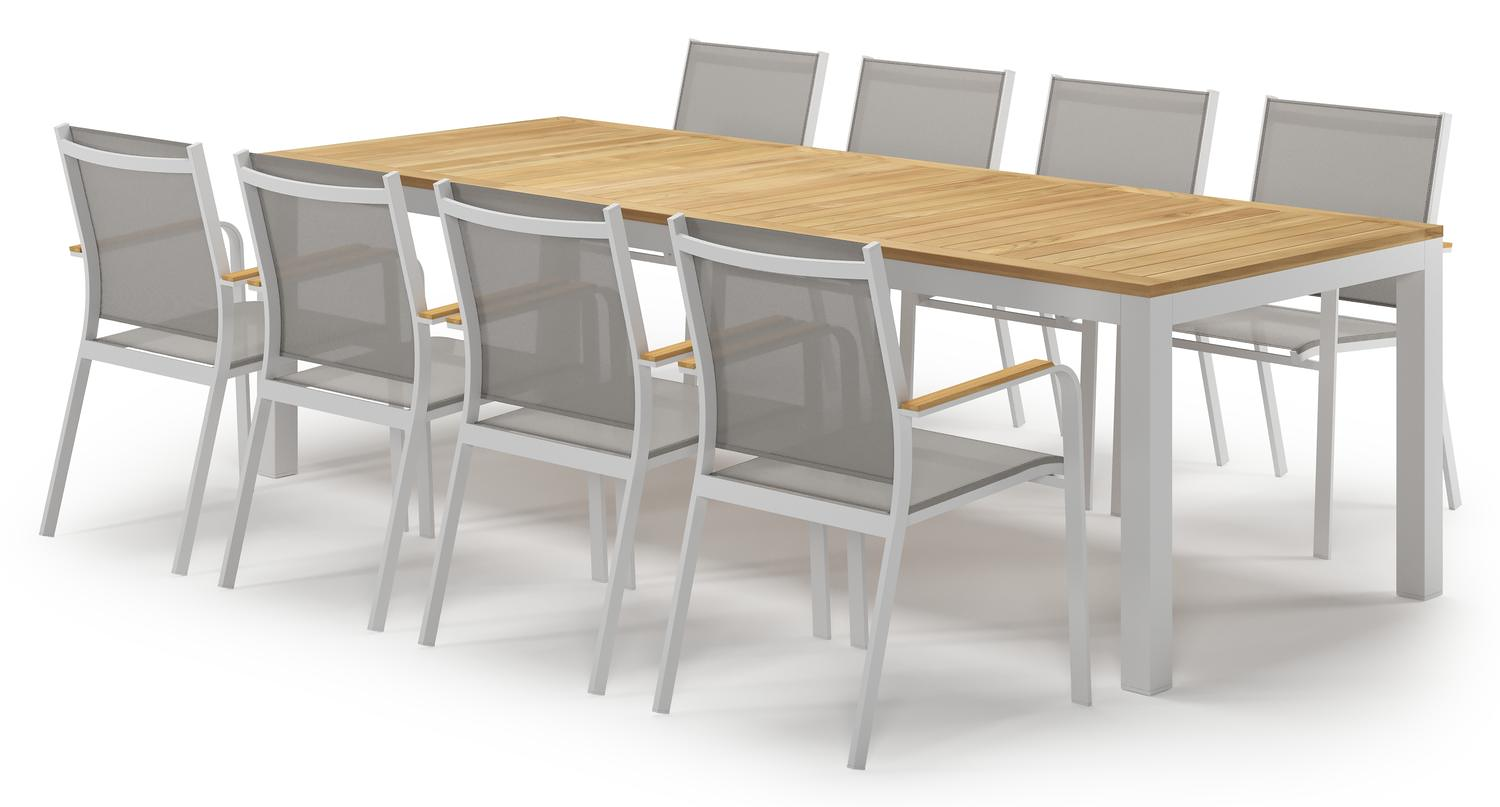 Varese tuinset in wit aluminium en naturel teak tafelblad met 8 stapelbare Amalfi tuinstoelen