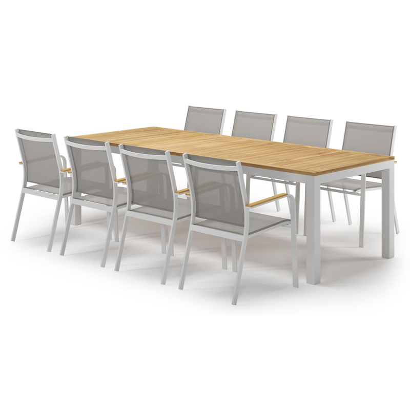 Varese tuinset in wit aluminium en naturel teak tafelblad met 8 stapelbare Amalfi tuinstoelen