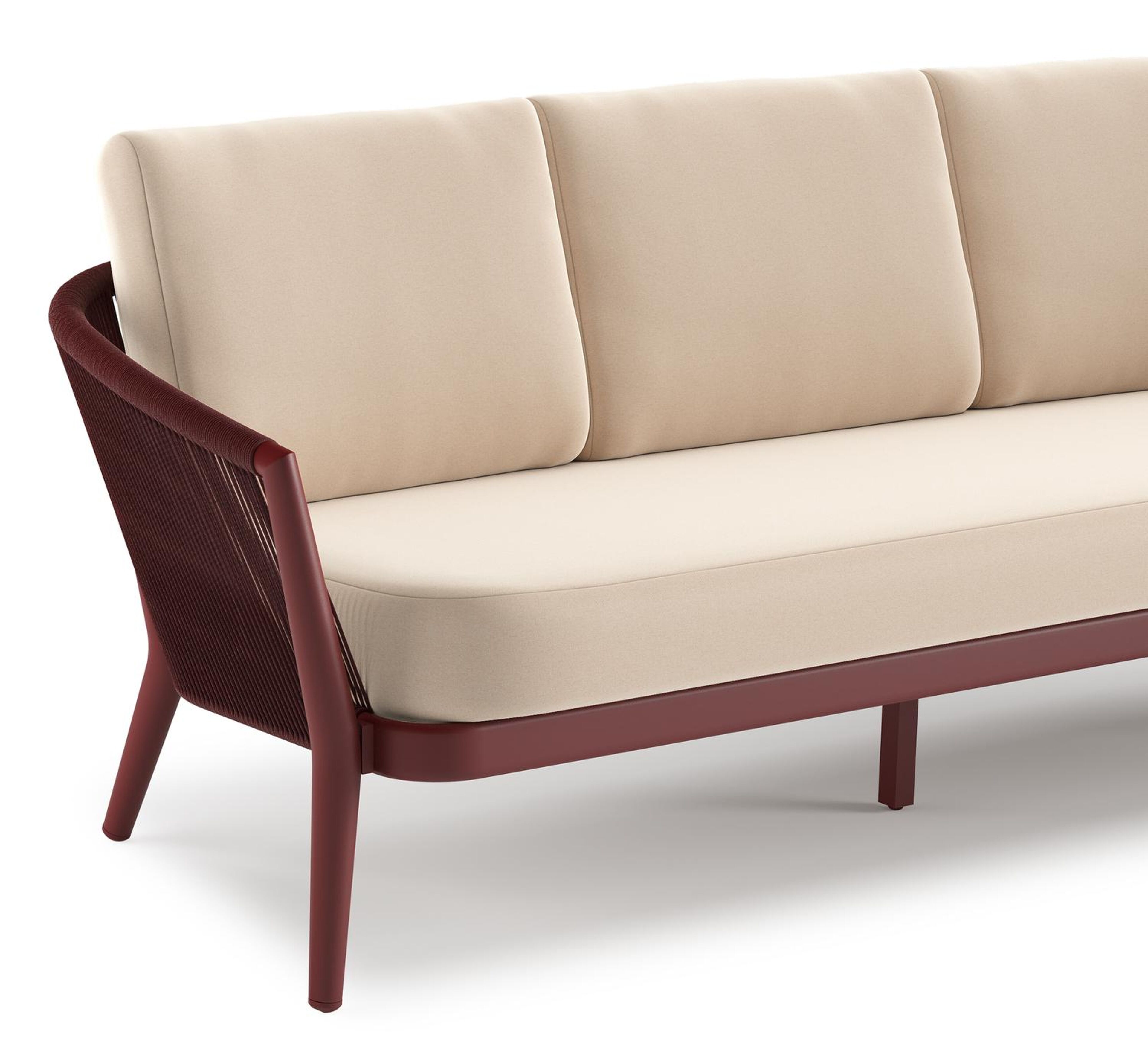 Orso loungebank in ruby aluminium en ruby verticaal geweven ronde rope met Natte Linen Chalk all weather sunbrella® luxe kussen