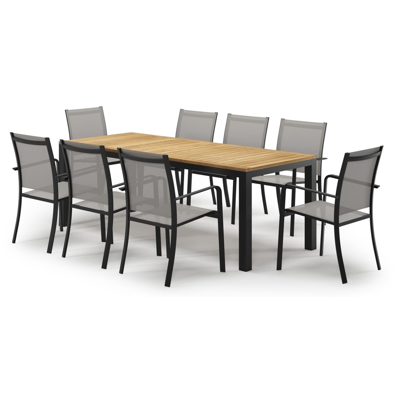Ensemble de jardin Varese en aluminium noir et teck avec 8 chaises de jardin Calobra