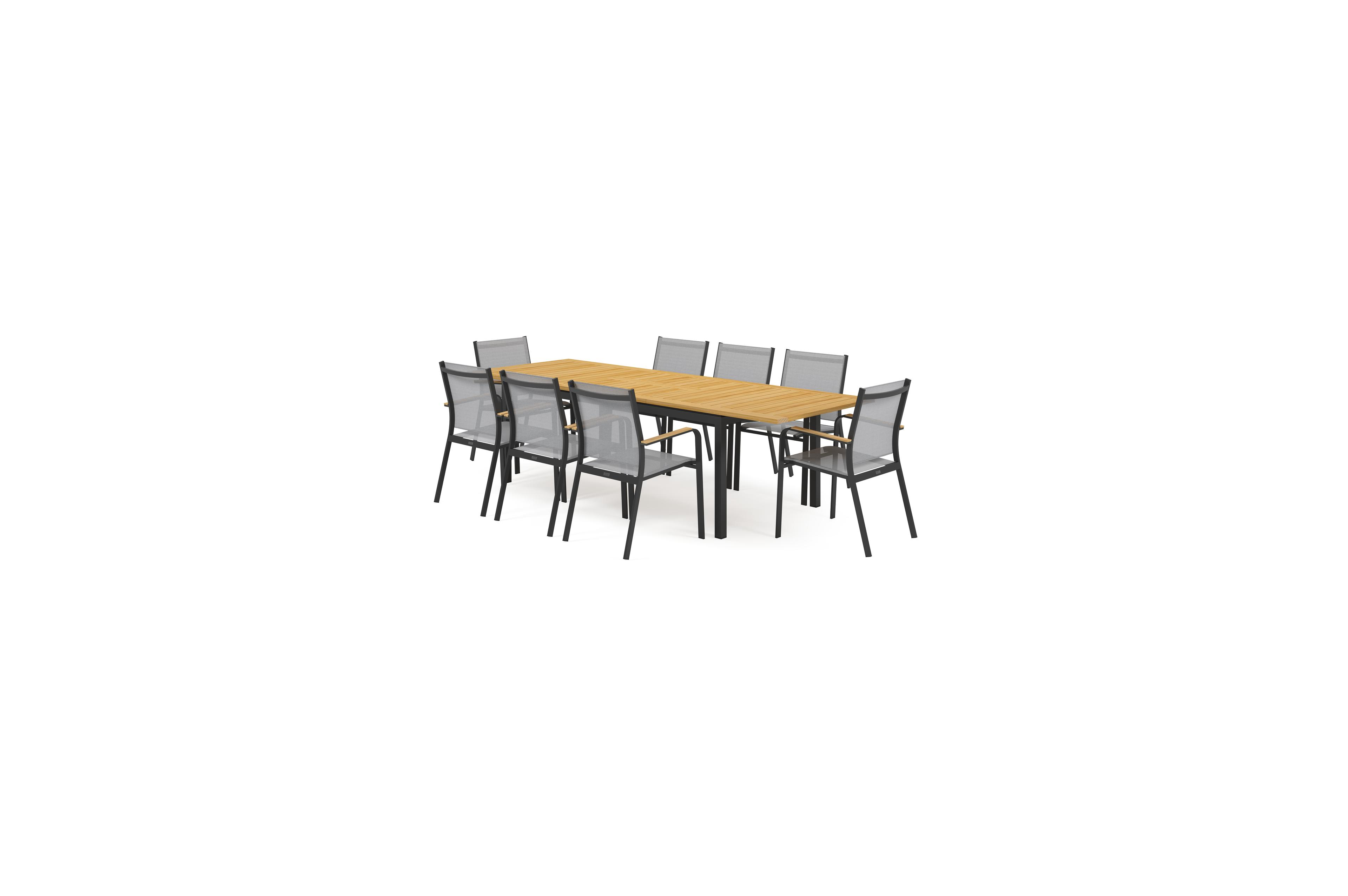 Amalfi tuinset met verlengbare tafel in zwart aluminium en teak tafelblad met 8 stapelbare Amalfi tuinstoelen