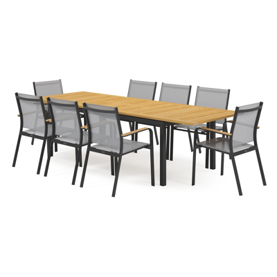 Amalfi tuinset met verlengbare tafel in zwart aluminium en teak tafelblad met 8 stapelbare Amalfi tuinstoelen