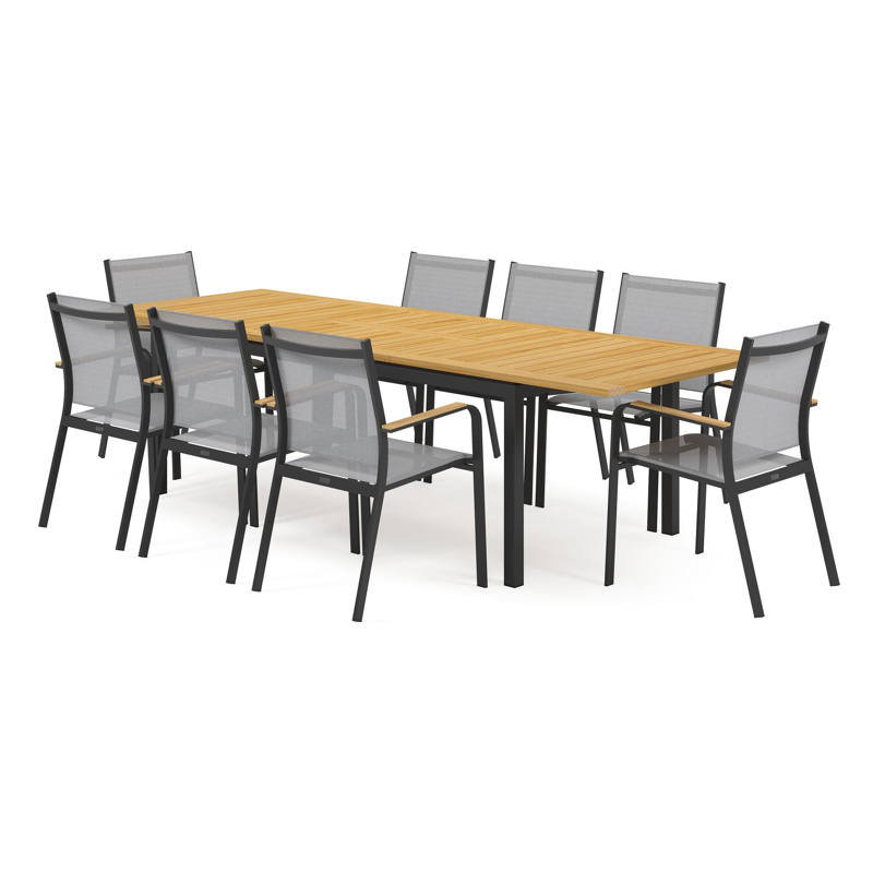 Amalfi tuinset met verlengbare tafel in zwart aluminium en teak tafelblad met 8 stapelbare Amalfi tuinstoelen