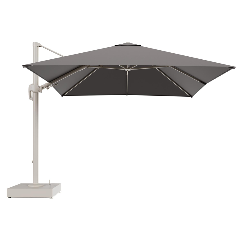 Rufina zweefparasol met tiltfunctie in beige aluminium en Natte Nature Grey All Weather Sunbrella® Luxe parasoldoek - L1 300 x L2 300 cm met parasolvoet Minore 150 kg met wielen