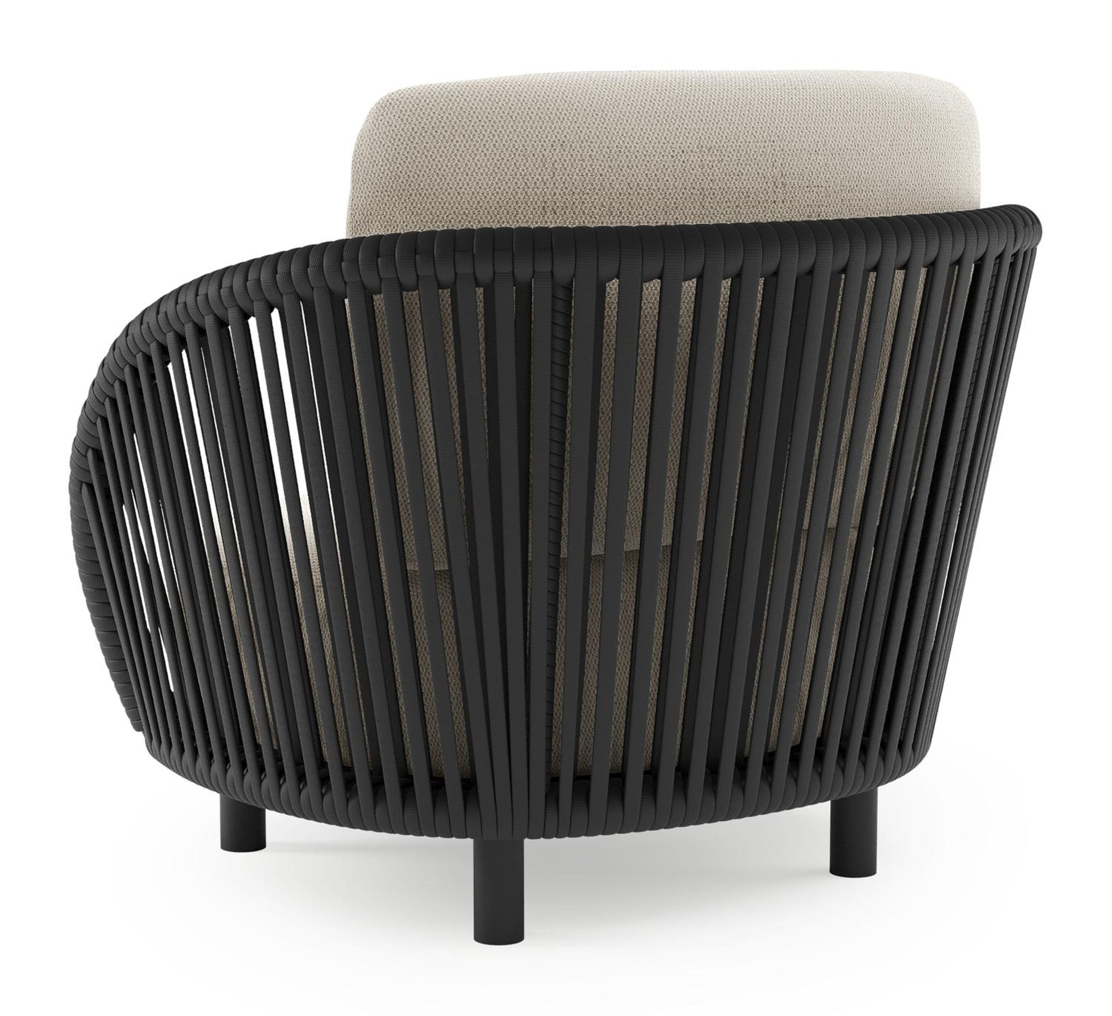 Lupino loungestoel in zwart aluminium en zwart verticaal geweven luxe vlakke brede rope met lopi marble all weather sunbrella® luxe kussen
