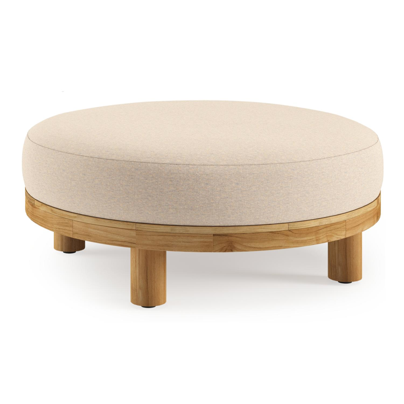 Donato lounge poef in teak en beige verticaal geweven ronde rope met all weather sunbrella® luxe Heritage Papyrus kussen