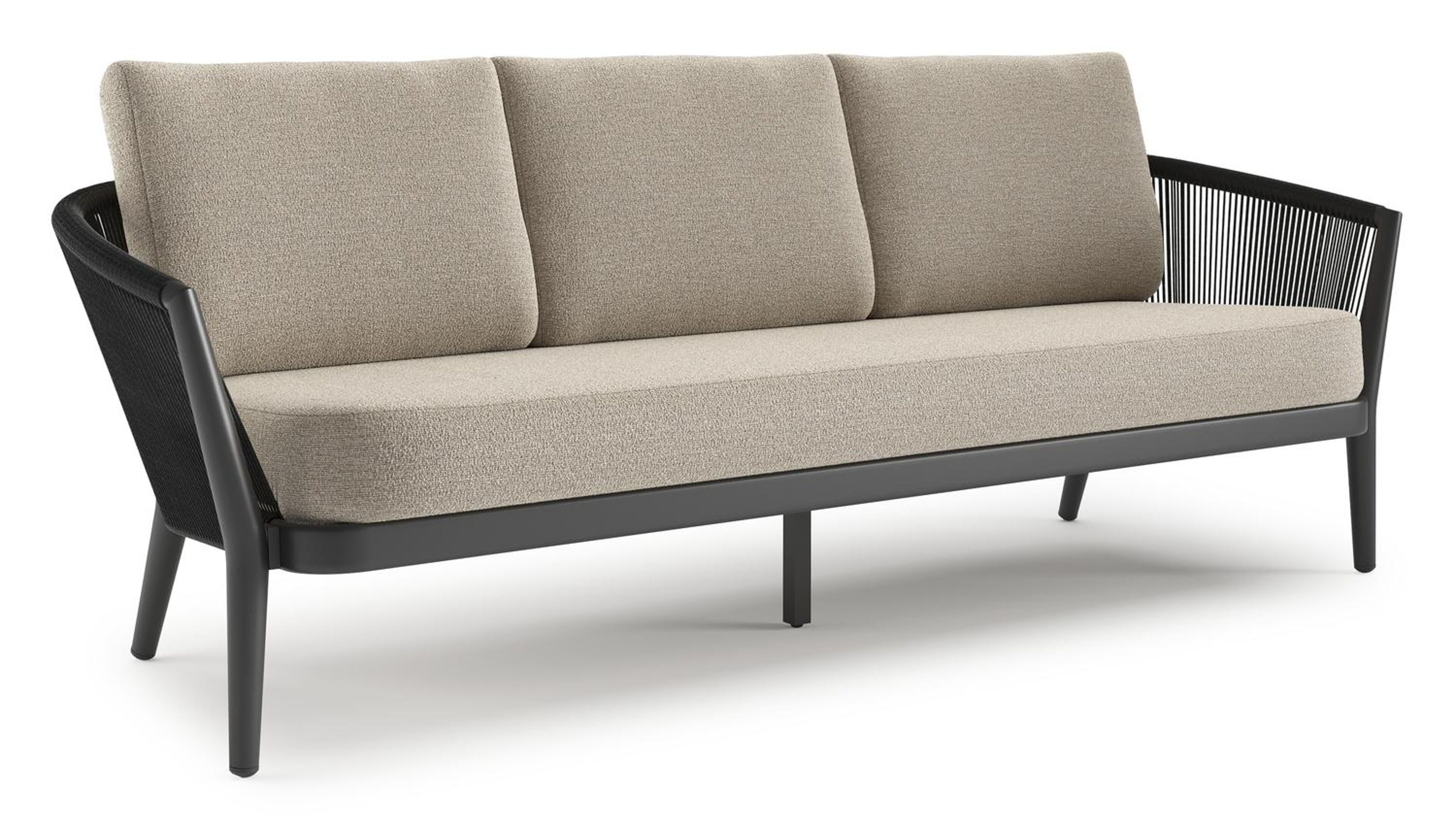 Orso loungebank in zwart aluminium en zwart verticaal geweven ronde rope met Catania Greige all weather cosytica kussen