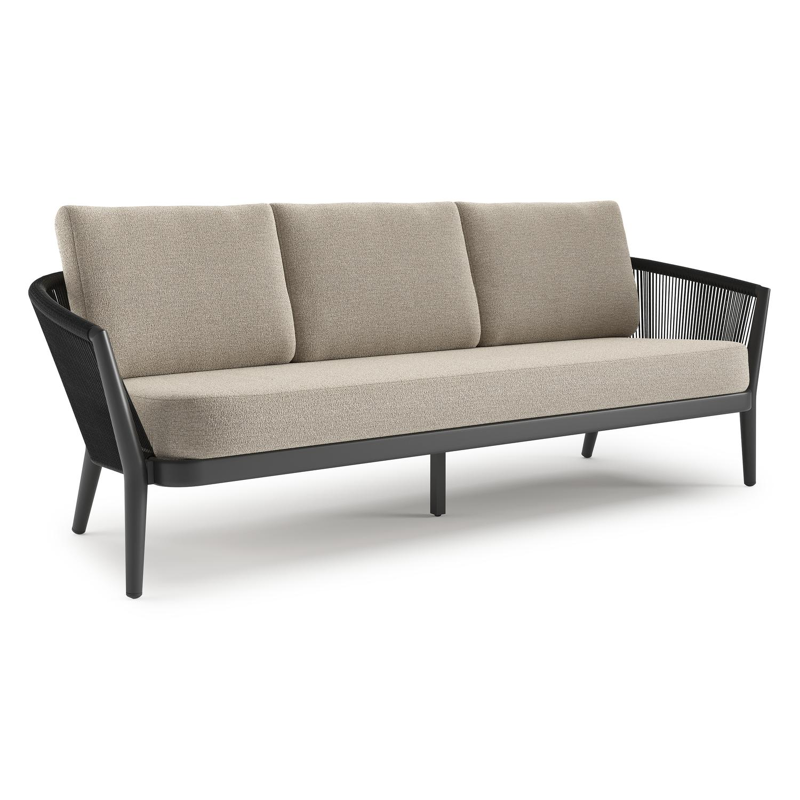 Canapé de jardin Orso en aluminium noir en corde ronde tissée verticalement noir et coussins en all weather cosytica Catania Greige