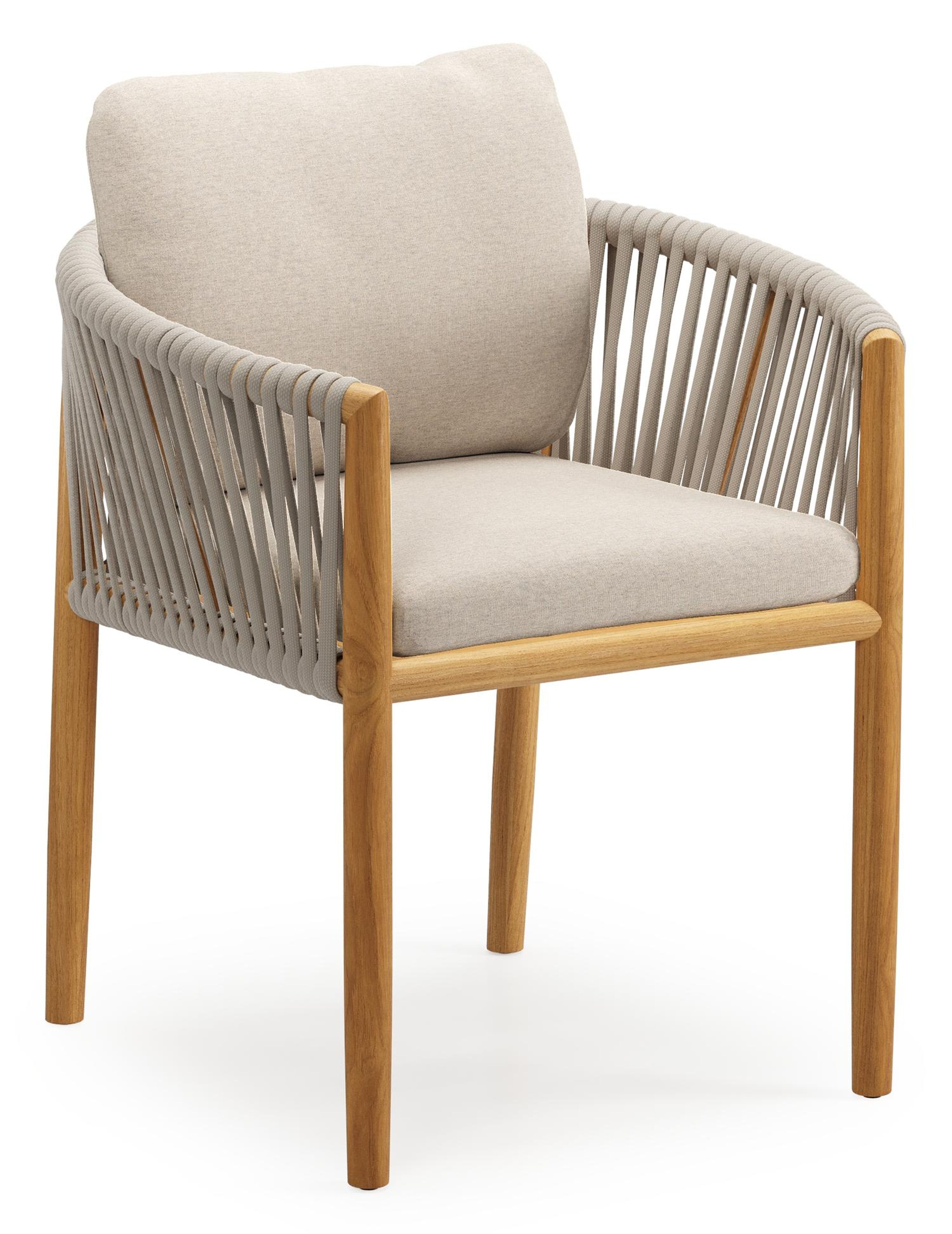 Chaise de jardin Organo en teck naturel et corde luxe plate tissée verticalement beige avec coussin en All Weather Sunbrella® Luxe Heritage Ash