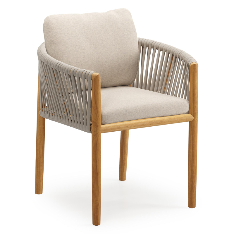 Organo tuinstoel in teak en beige verticaal geweven luxe vlakke rope met zitkussen in All Weather Sunbrella® Luxe Heritage Ash