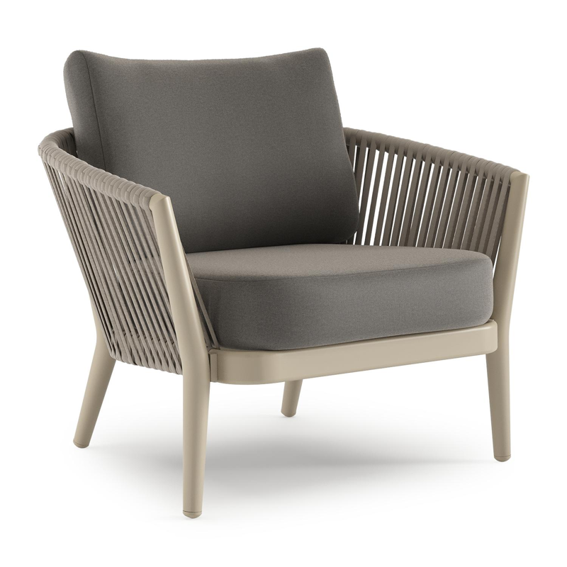 Fauteuil de jardin Orso en aluminium beige en corde luxe plate tissée verticalement beige et coussins en all weather sunbrella® luxe Natte Dark Taupe