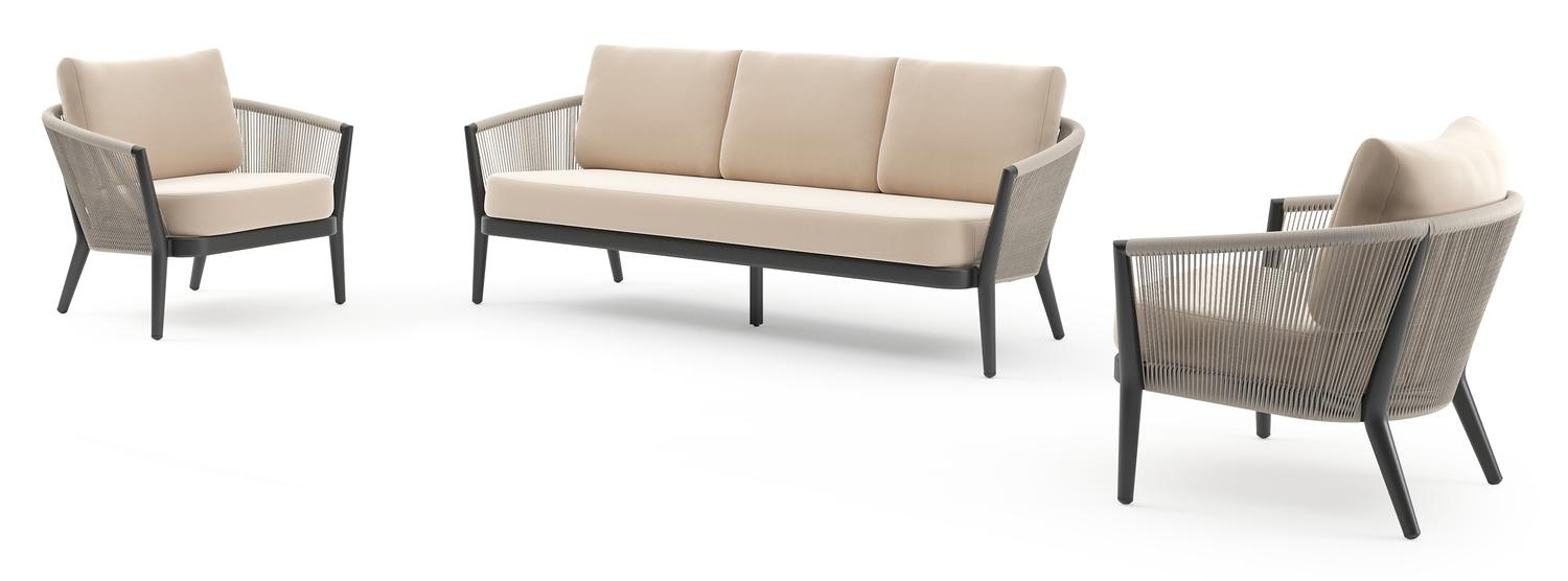 Orso loungeset in zwart aluminium en beige verticaal geweven ronde rope met Natte Linen Chalk all weather sunbrella® luxe kussen