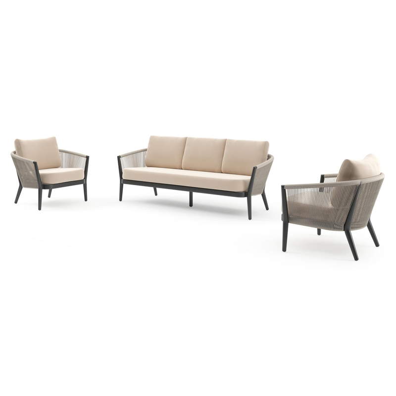 Orso loungeset in zwart aluminium en beige verticaal geweven ronde rope met Natte Linen Chalk all weather sunbrella® luxe kussen