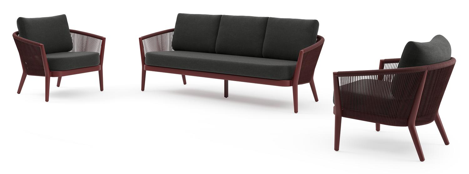 Orso loungeset in ruby aluminium en ruby verticaal geweven ronde rope met Chartres Sooty all weather sunbrella® luxe kussen