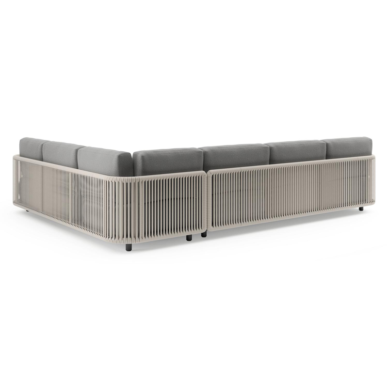 Organo loungehoek in zwart aluminium en beige verticaal geweven luxe vlakke rope met heritage slate all weather Sunbrella® luxe kussen