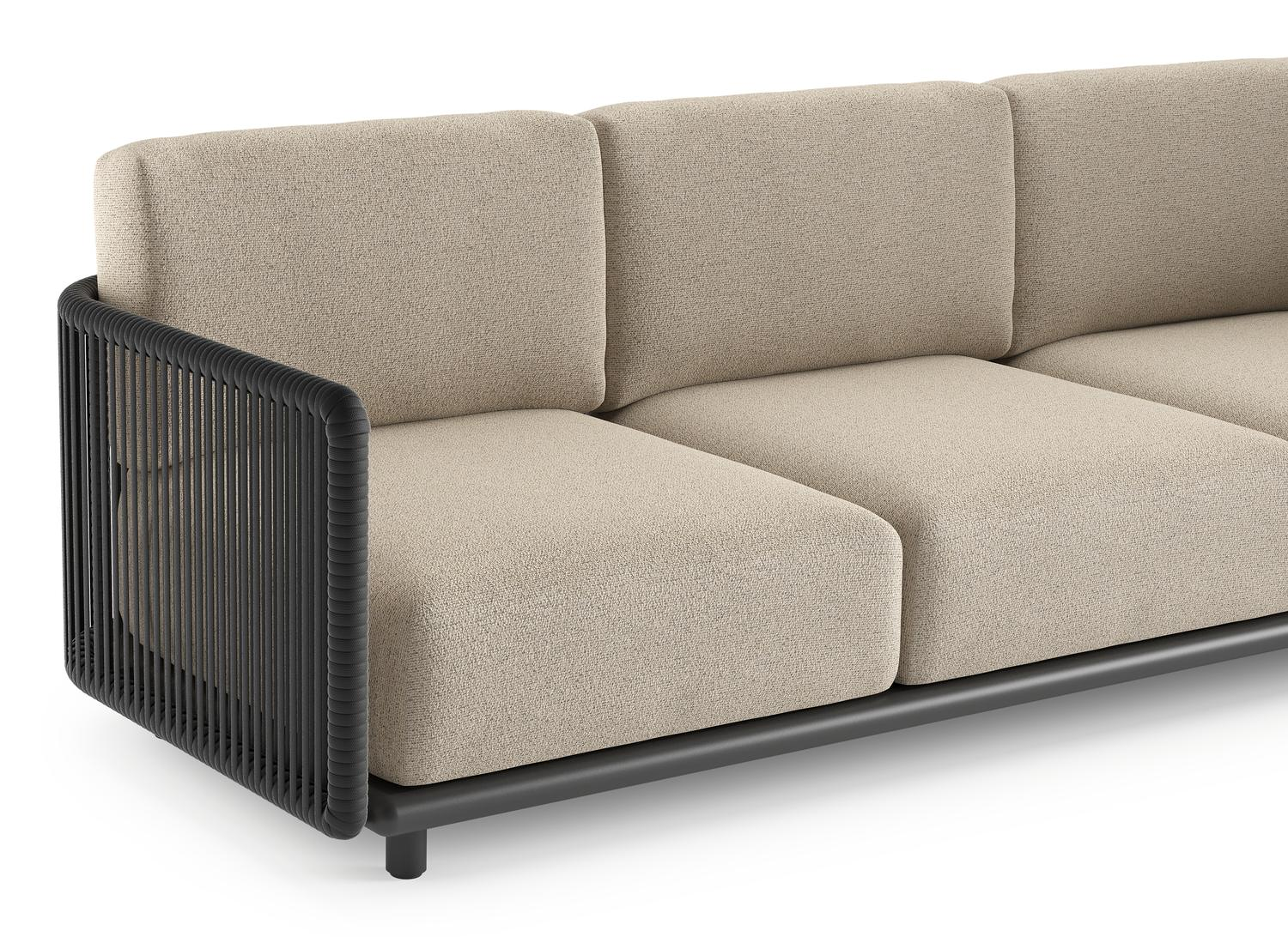 Organo loungeset in zwart aluminium en zwart verticaal geweven luxe vlakke rope met marbella beige All Weather Cosytica kussens