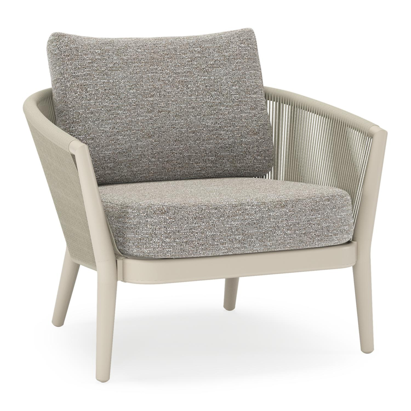 Fauteuil de jardin Orso en aluminium beige en corde ronde tissée verticalement beige et coussins en all weather sunbrella® luxe Tundra Pepper