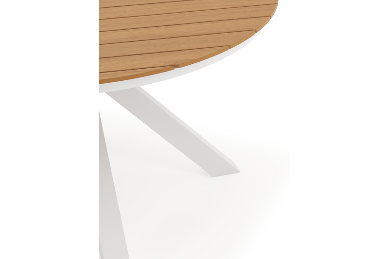 Tora tuinset rond in wit aluminium en polywood met 6 Bahia tuinstoelen