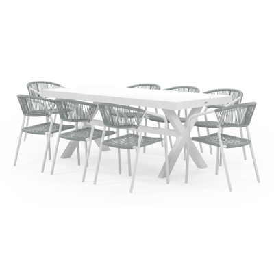Ensemble de jardin Bahia en aluminium blanc avec plateau de table en aluminium blanc et 8 chaises de jardin empilables Vigo
