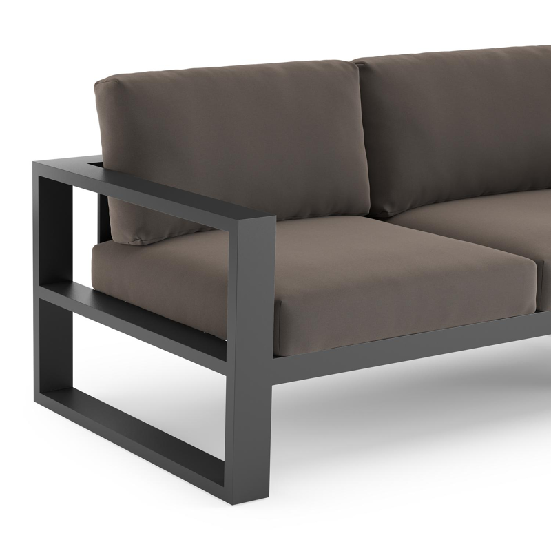 Salon de jardin d'angle Verato en aluminium noir et coussins en all weather sunbrella® luxe natte nature grey