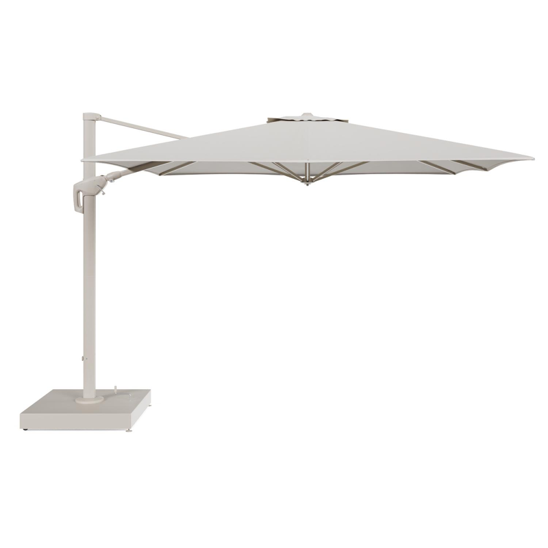 Minore zweefparasol met tiltfunctie in beige aluminium en Lopi Marble All Weather Sunbrella® Luxe parasoldoek - L1: 350 x L2: 350 cm met parasolvoet Minore 260 kg met wielen