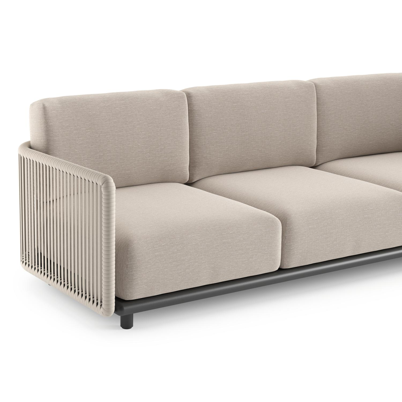 Canapé de jardin Organo en aluminium noir et corde luxe plate tissée verticalement beige et coussin en all weather Sunbrella® luxe slow farafra