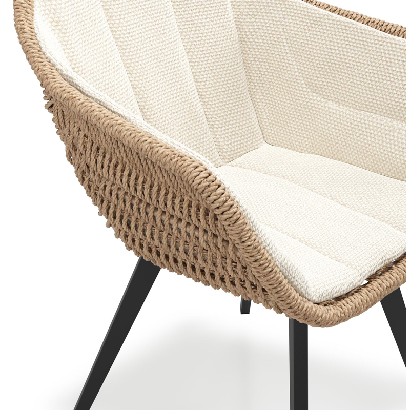 Pagino tuinstoel in zwart aluminium en naturel ronde wicker met zitkussen in All Weather Cosytica Althea Off White