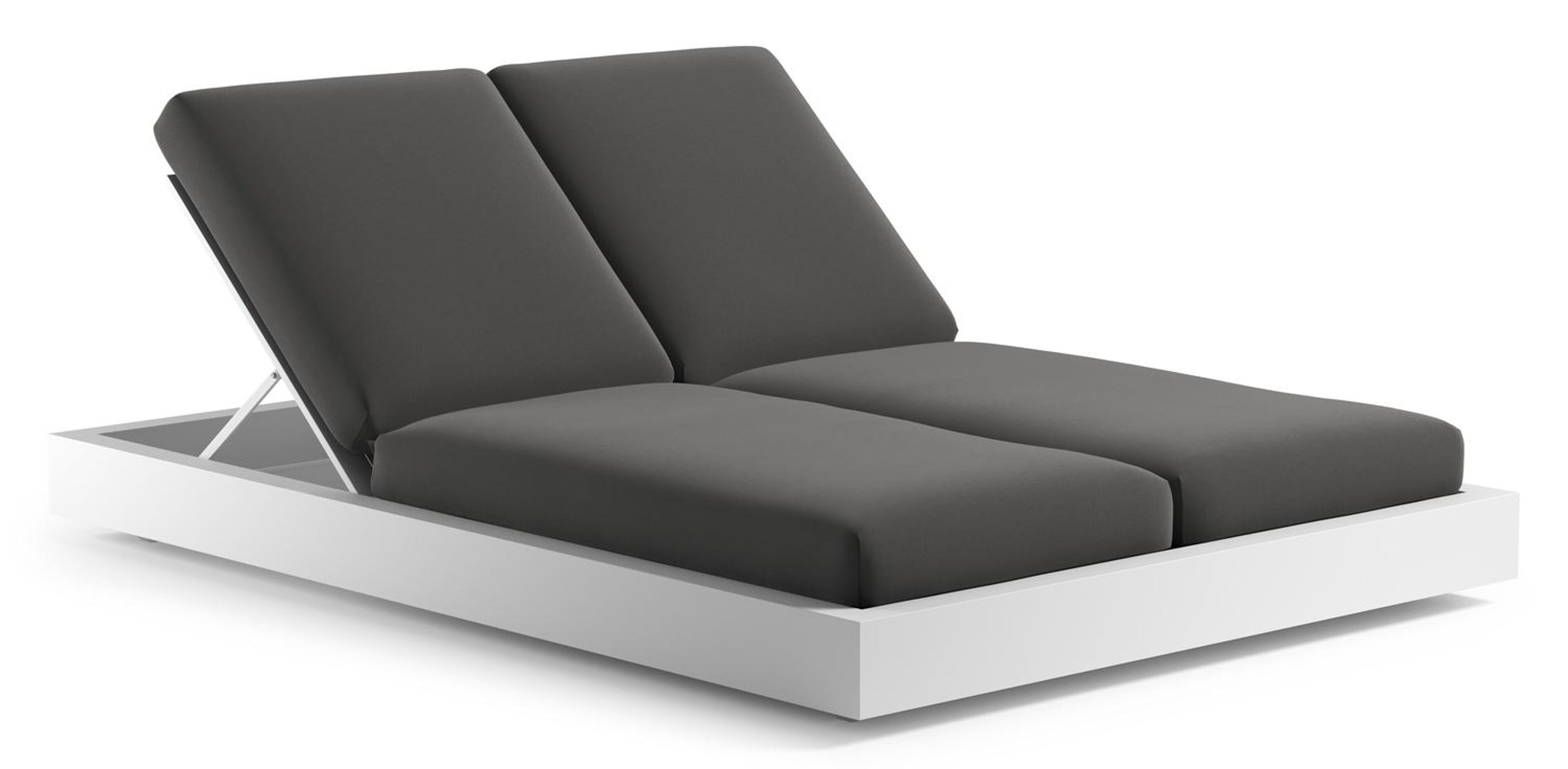 Como verstelbaar dubbel ligbed in wit aluminium met natte charcoal chine all weather sunbrella® luxe kussen