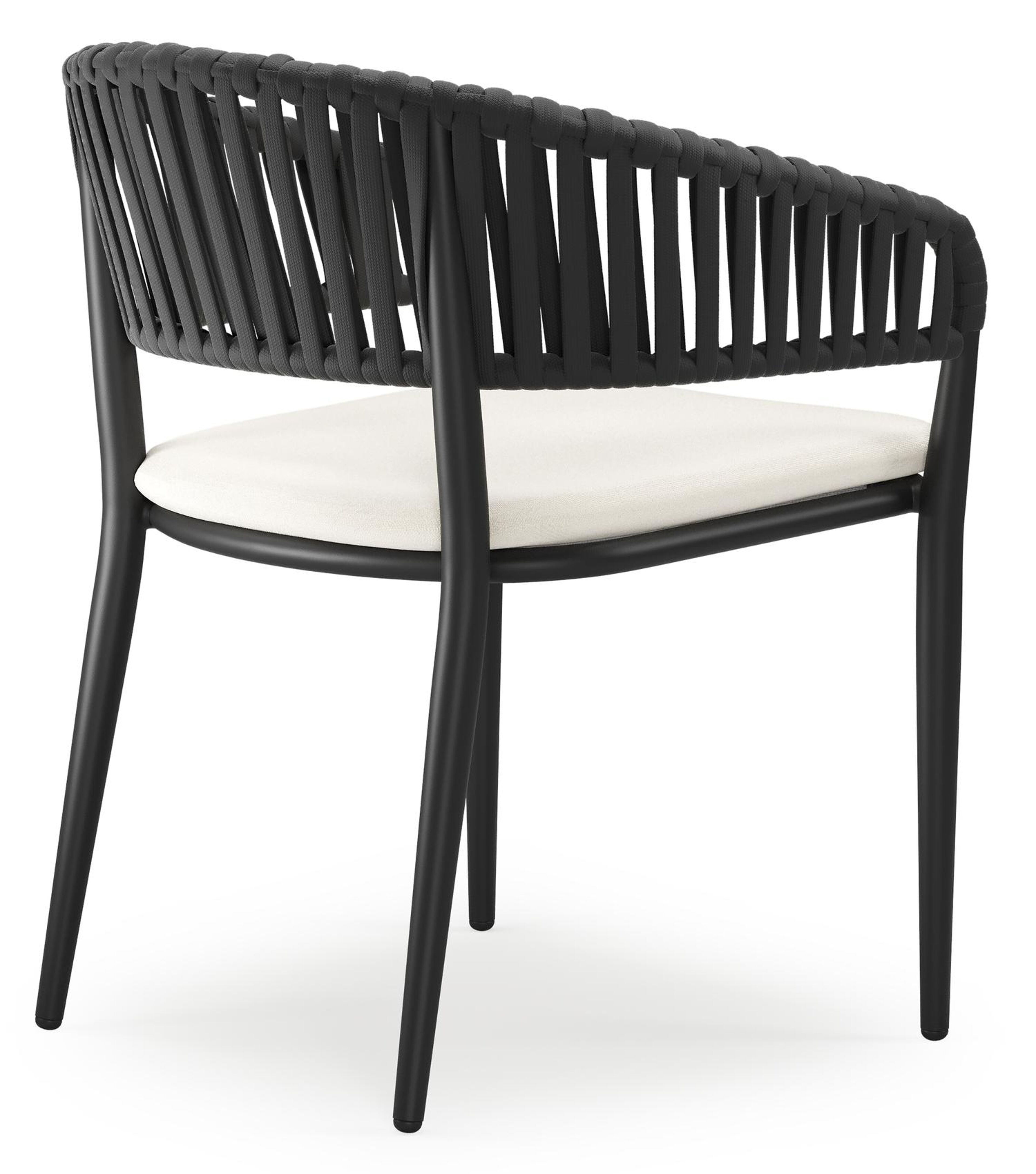 Tolfa stapelbare tuinstoel in zwart aluminium en zwart verticaal geweven luxe vlakke brede rope met stoelkussen in All Weather Sunbrella® Luxe Natte White