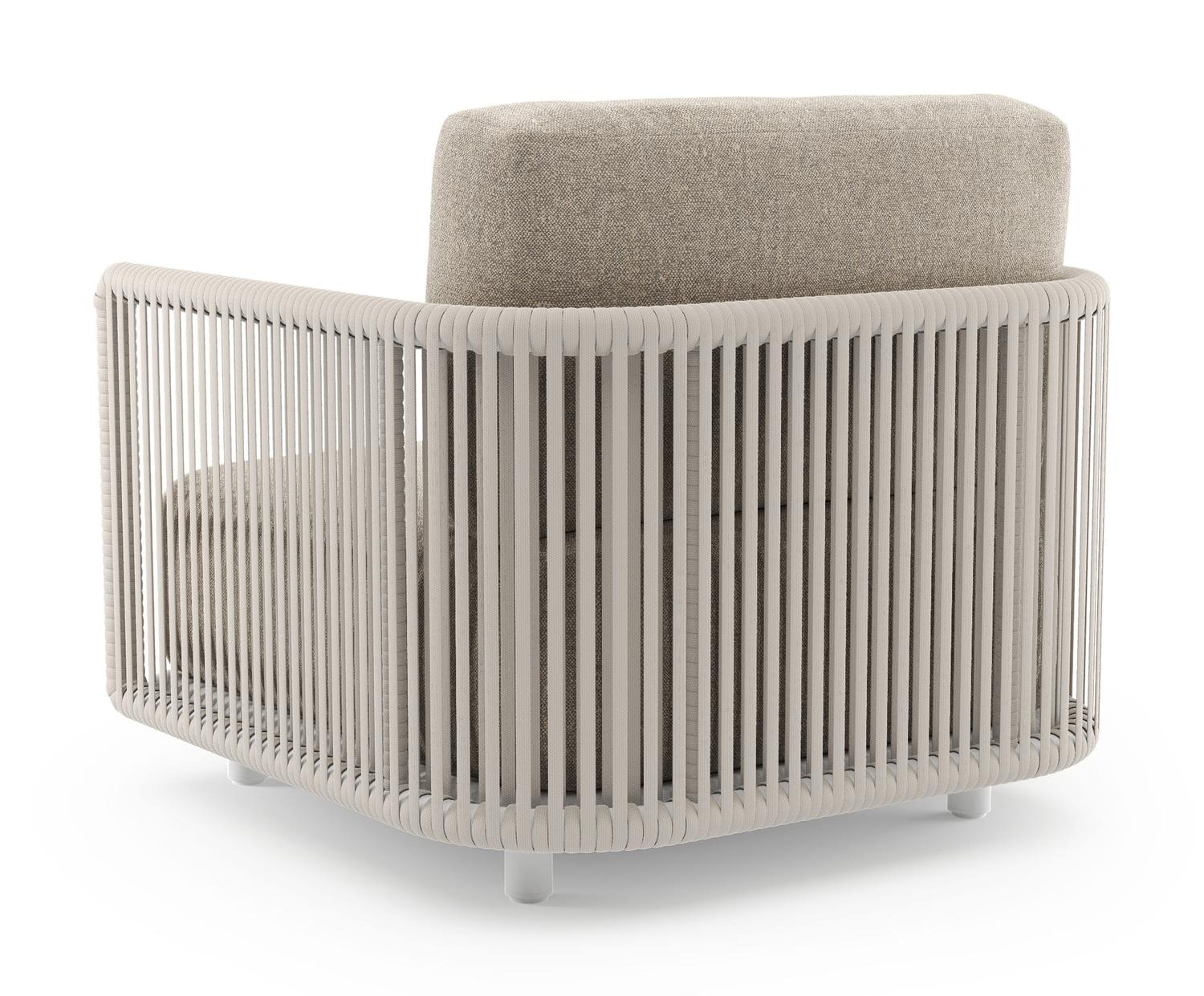 Organo loungestoel 1-zit in wit aluminium en beige verticaal geweven luxe vlakke rope met chartres pewter all weather sunbrella® luxe kussen