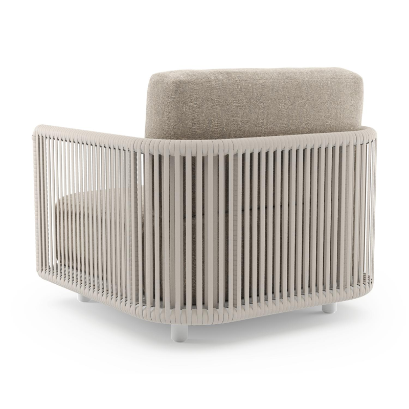 Organo loungestoel 1-zit in wit aluminium en beige verticaal geweven luxe vlakke rope met chartres pewter all weather sunbrella® luxe kussen