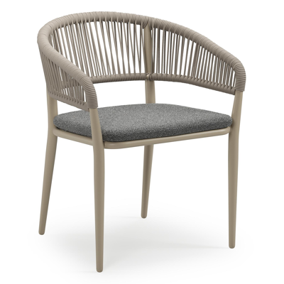 Tolfa stapelbare tuinstoel in beige aluminium en beige verticaal geweven ronde rope met stoelkussen in All Weather Cosytica Catania Black