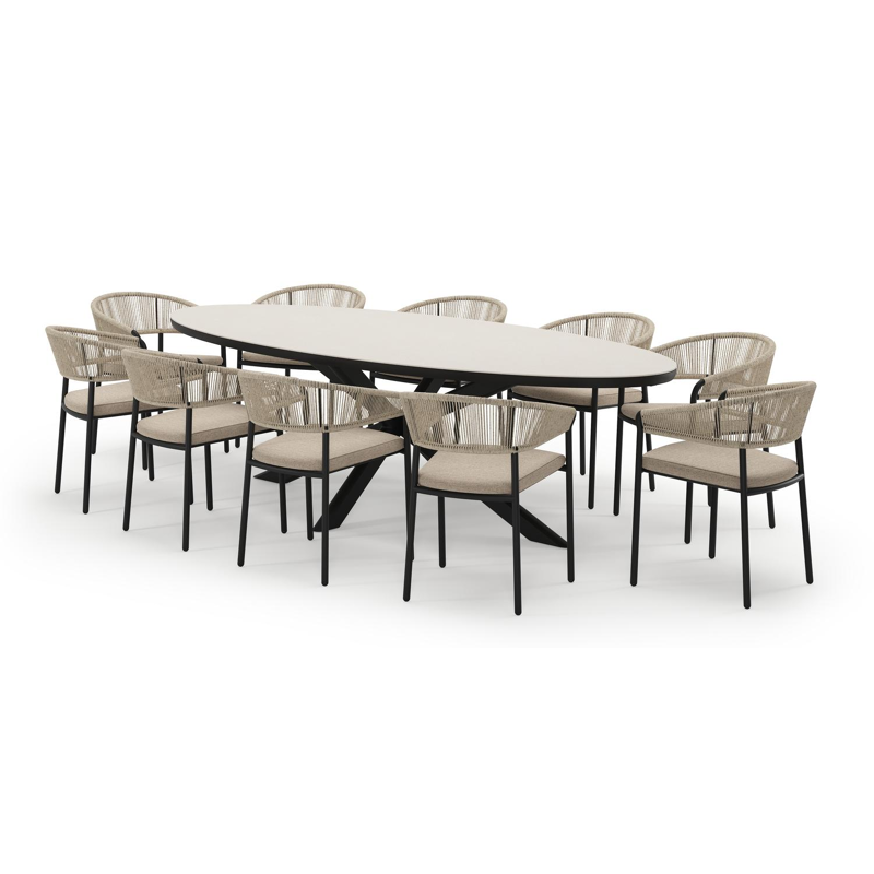 Pamplona ensemble de jardin ovale en aluminium noir en sintered stone crema minerale avec 10 chaises de jardin Zamora