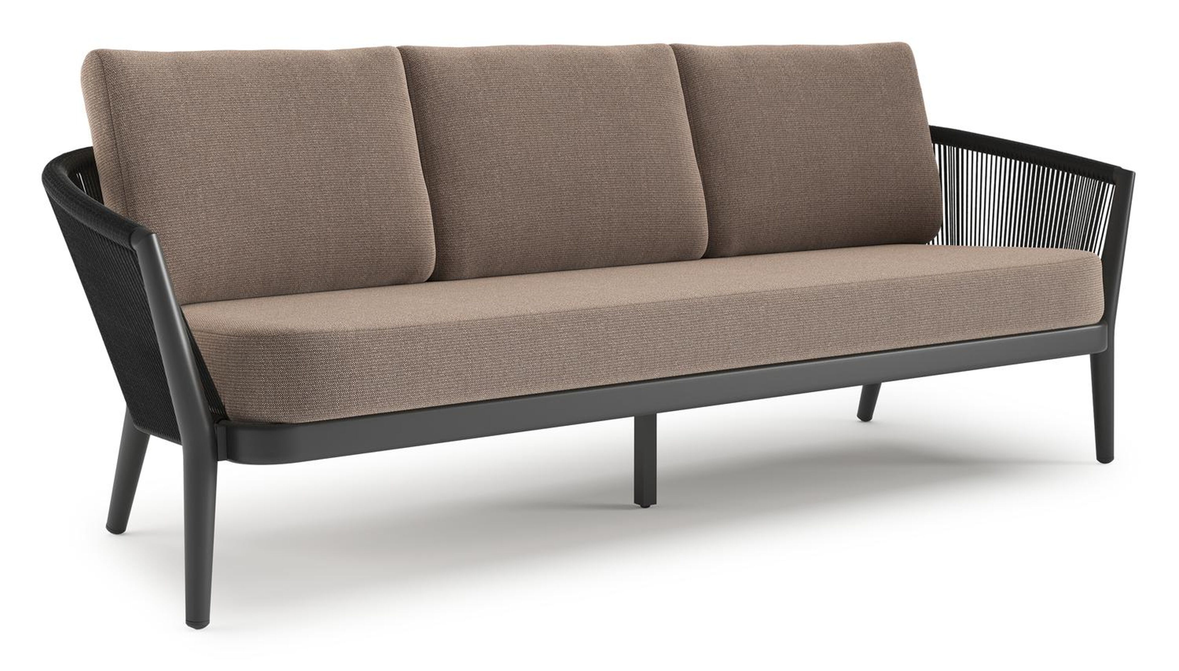 Orso loungebank in zwart aluminium en zwart verticaal geweven ronde rope met Savane Earth all weather sunbrella® luxe kussen