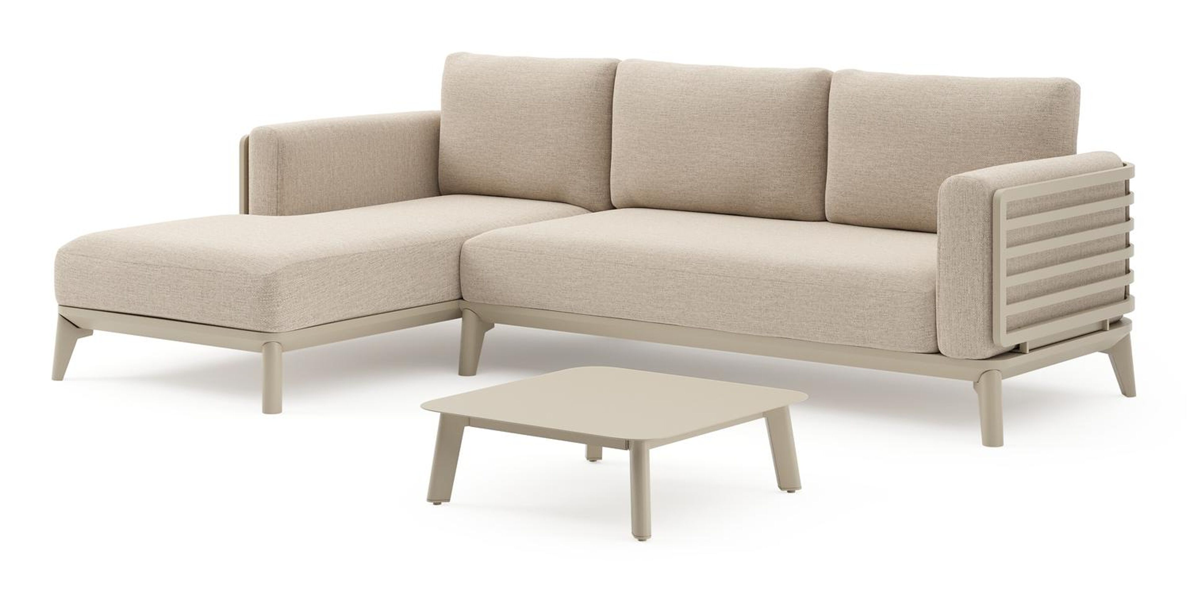 Mosa loungehoek in beige aluminium met rustic weather+ softtouch kussens en loungetafel
