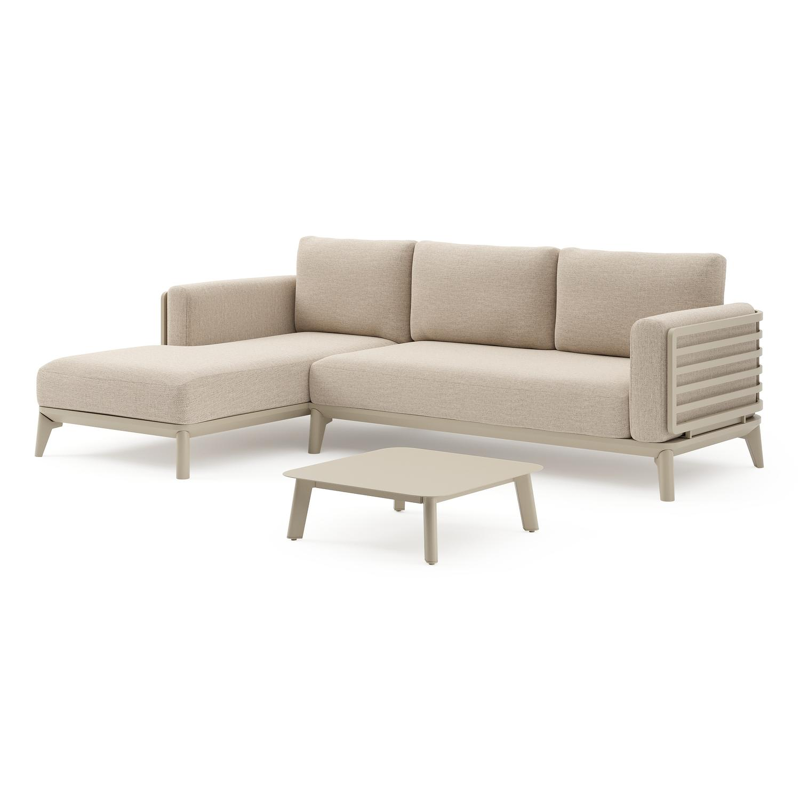 Mosa loungehoek in beige aluminium met rustic weather+ softtouch kussens en loungetafel