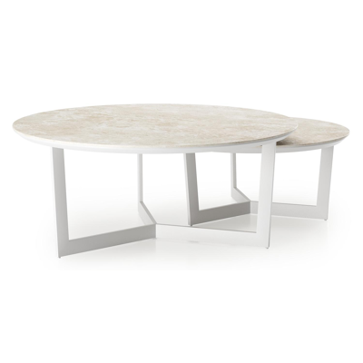 Ensemble de 2 tables de basses Lacrima ronde en aluminium blanc et céramique pleine Rapolano - Diam. 85/65 x Haut. 35/30 cm